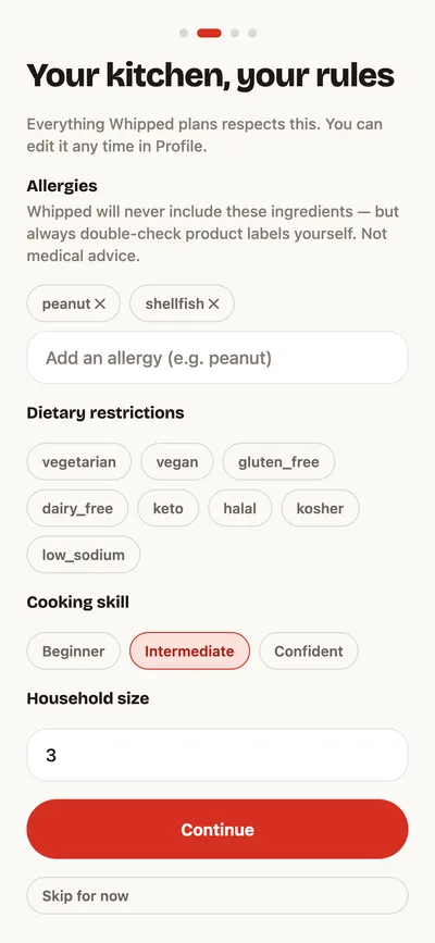 Whipped profile setup: allergy chips for peanut and shellfish, dietary options, cooking skill set to Intermediate, and household size 3.
