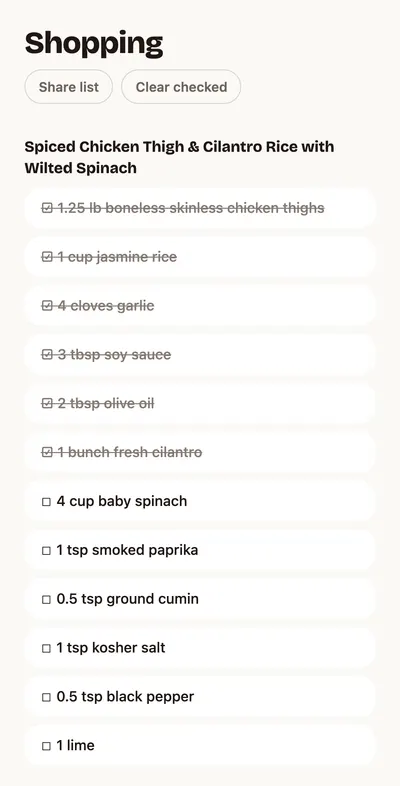 Whipped shopping list for one recipe: chicken thighs, rice, garlic, soy sauce, olive oil and cilantro are pre-checked because they are on hand; spinach, paprika, cumin, salt, pepper and a lime are still to buy.